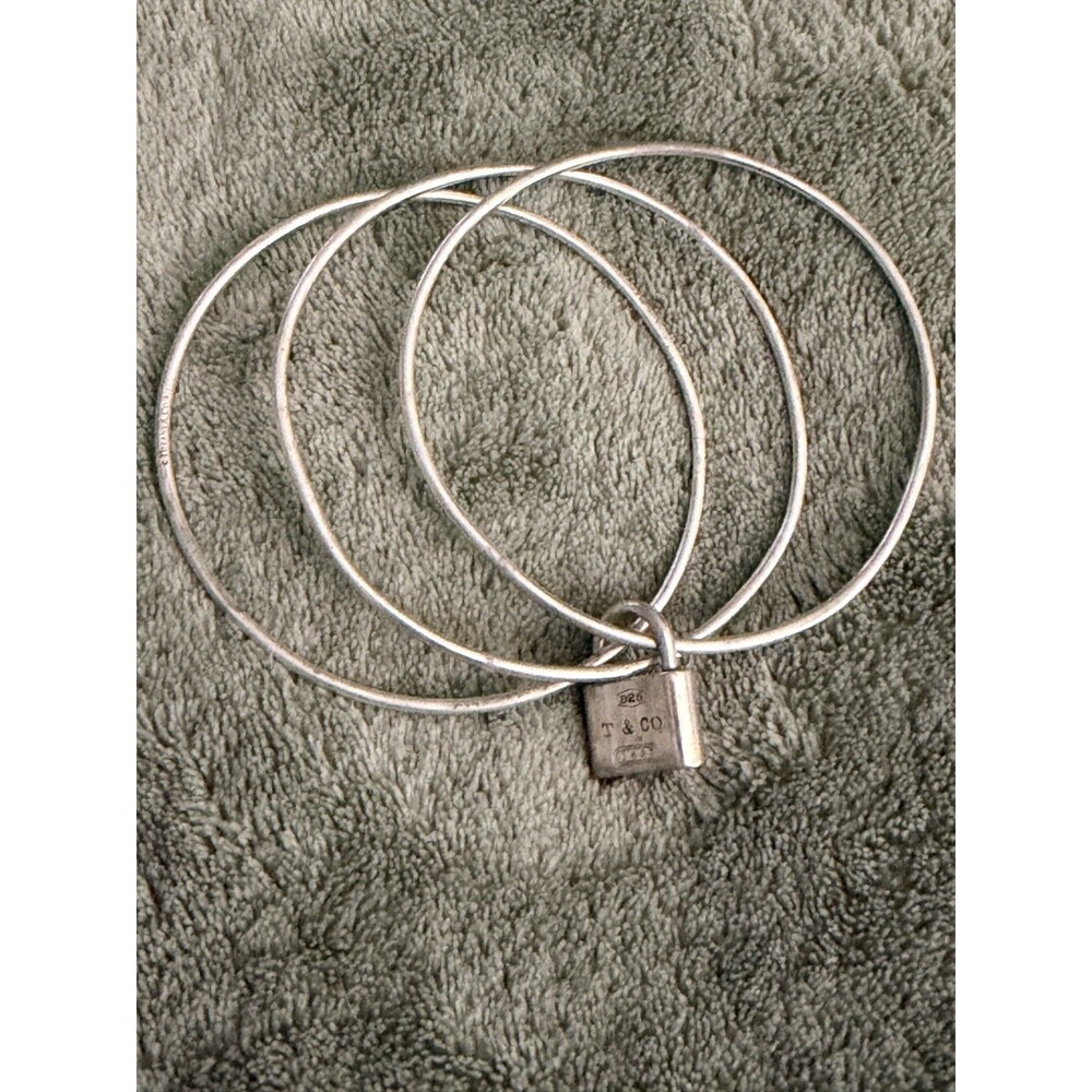 VINTAGE TIFFANY & CO 1837 TRIPLE PADLOCK LOCK CHARM 925 SILVER BANGLE BRACELET